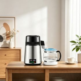 1.1 Gal 750W Countertop Water Distiller, 0.3 Gal H With Temp Display & 0-99H Timer, Includes Glass Carafe, Cleaning Powder & 3 Carbon Packs, Silv (Option: 24821035)
