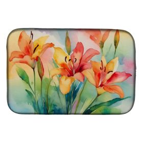 Lilies in Watercolor Dish Drying Mat Absorbent Dish Drying Mat Pad for Kitchen Counter Dish Drainer Mat for Countertop, 14 x 21", Multicolor (Option: Default)