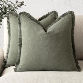 Decorative Linen Fringe Throw Pillow Cover 18x18 Inch, Olive Green Accent Cushion Case (Option: Olive Green)