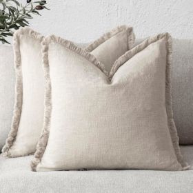 Decorative Linen Fringe Throw Pillow Cover 18x18 Inch, Beige Accent Cushion Case (Option: Natural Beige)