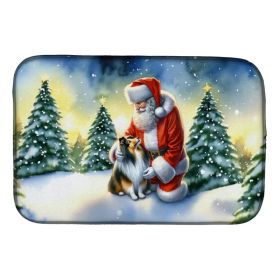 Sheltie and Santa Claus Dish Drying Mat Absorbent Dish Drying Mat Pad for Kitchen Counter Dish Drainer Mat for Countertop, 14 x 21", Multicolor (Option: Default)